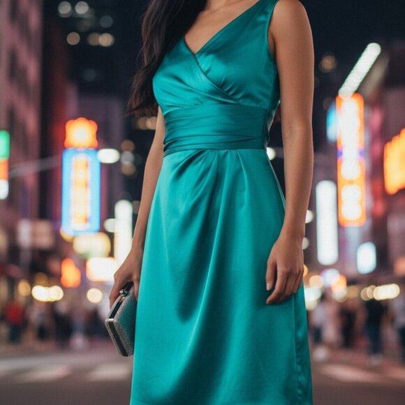 Dresses & Skirts - Davids Bridal Satin TEAL Ruched Bridesmaid Cocktail Holiday Party Dress Size 4